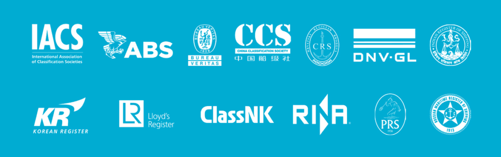 International Association of Classifications Societies, ABS, Bureau Veritas, China Classification Society, CRS, DNV GL, Indian Registrer of Shipping, Korean Register, Lloyd's Register, ClassNK, Rina, PRS, Russian Maritime Register of Shipping